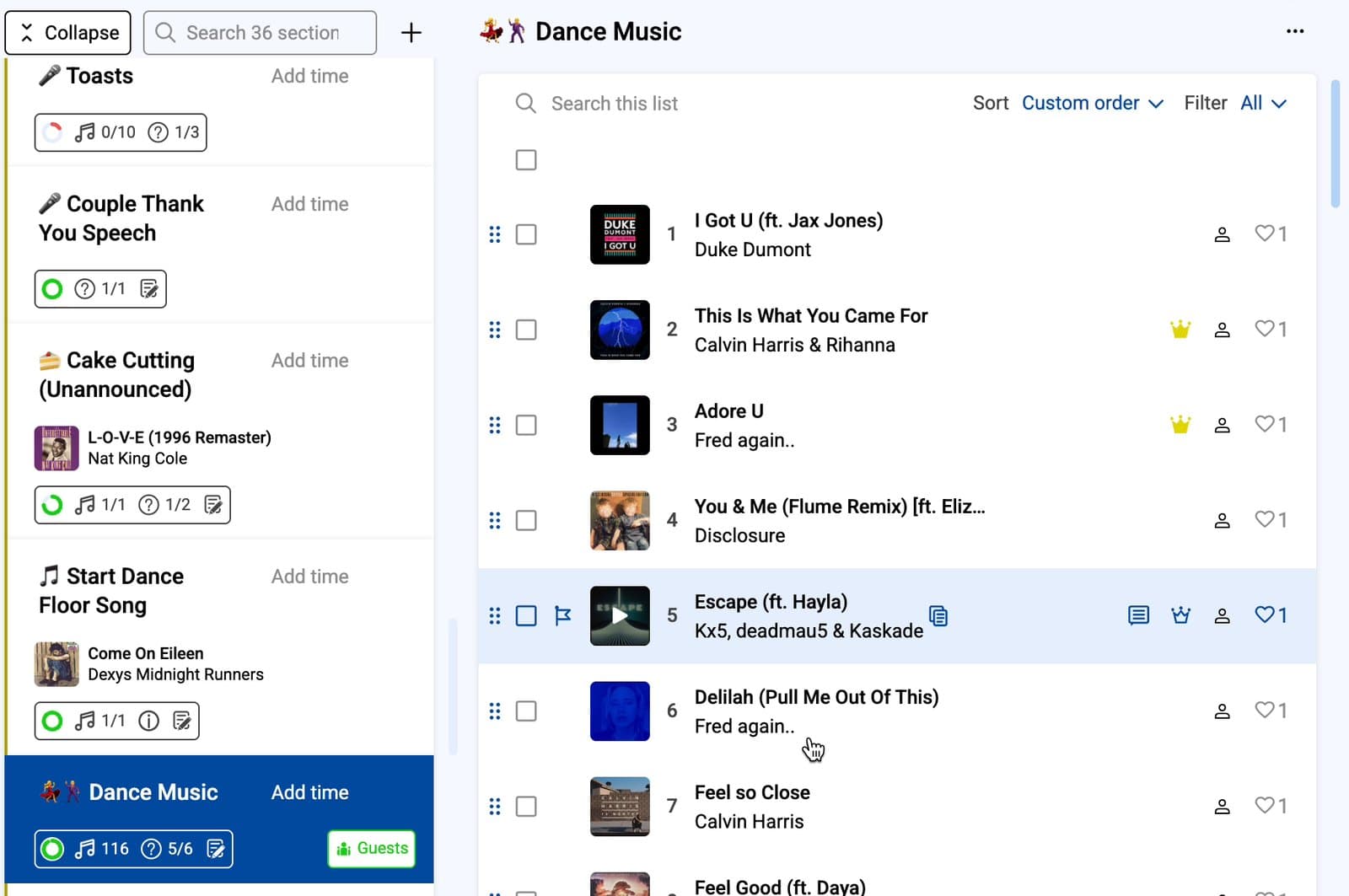 DJ MOJOE's planning app: the wedding timeline broken into individual moments with music chosen for each one