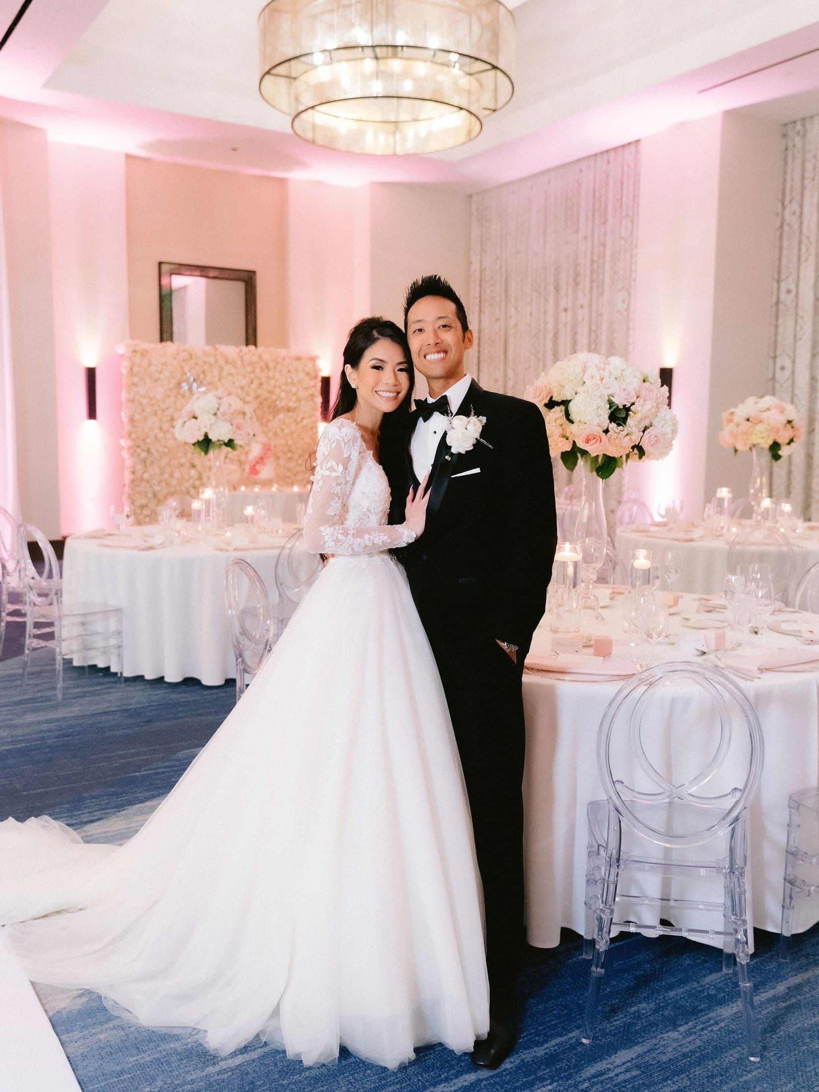 Mai and Olivier's uplit reception at The Waterfront Beach Resort in Huntington Beach